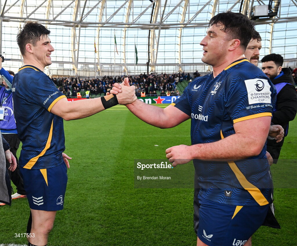 5 April 2026; Dan Sheehan, left, and Thomas Clarkson of Leinster after the Investec Champions Cup match between Leinster and Edinburgh at the Aviva Stadium in Dublin. Photo by Brendan Moran/Sportsfile