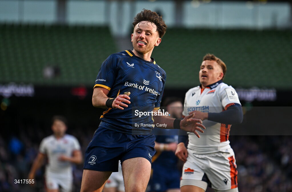 5 April 2026; Hugo Keenan of Leinster during the Investec Champions Cup match between Leinster and Edinburgh at the Aviva Stadium in Dublin. Photo by Ramsey Cardy/Sportsfile