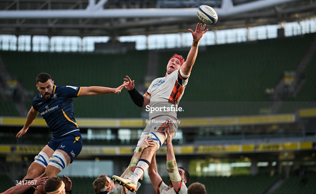 5 April 2026; Grant Gilchrist of Edinburgh wins possession in the lineout during the Investec Champions Cup match between Leinster and Edinburgh at the Aviva Stadium in Dublin. Photo by Ramsey Cardy/Sportsfile
