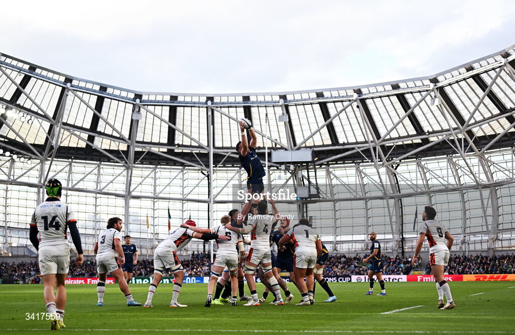5 April 2026; Jack Conan of Leinster wins possession in the lineout during the Investec Champions Cup match between Leinster and Edinburgh at the Aviva Stadium in Dublin. Photo by Ramsey Cardy/Sportsfile