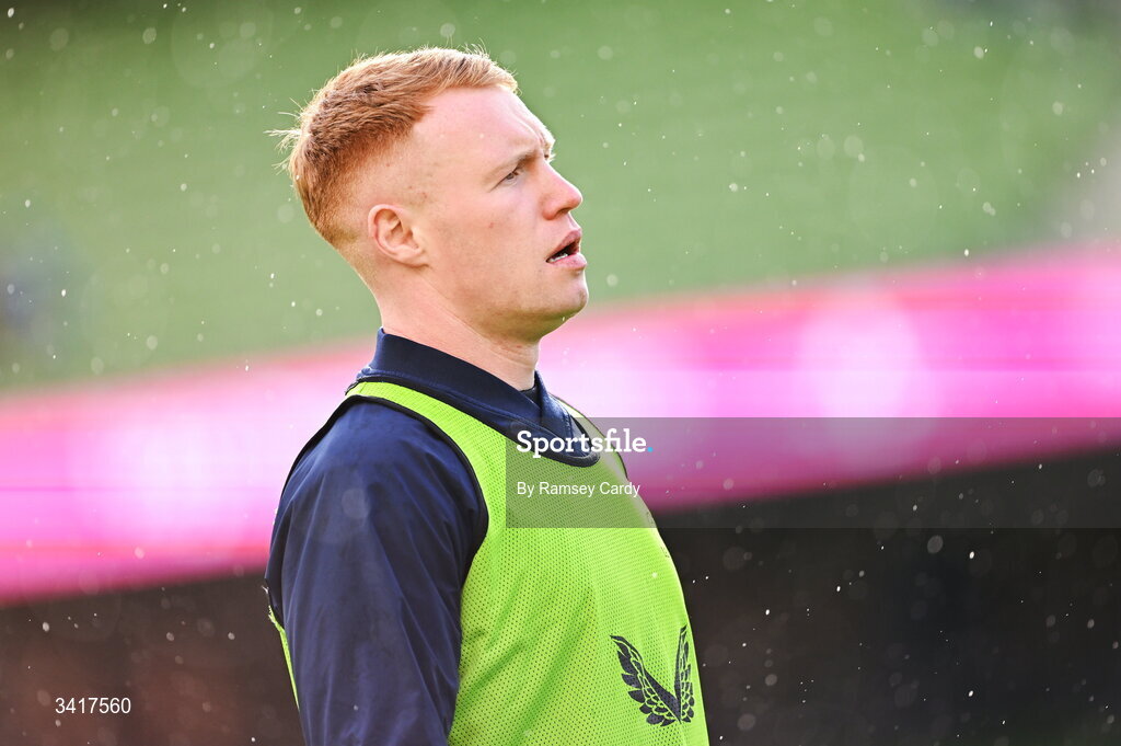 5 April 2026; Ciarán Frawley of Leinster before the Investec Champions Cup match between Leinster and Edinburgh at the Aviva Stadium in Dublin. Photo by Ramsey Cardy/Sportsfile