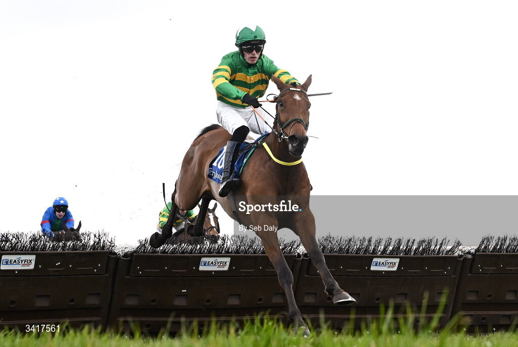 6 April 2026; Fierce Handay, with Harry Cobden up, jumps the last on their way to winning the Fairyhouse Steel Handicap Hurdle during day three of the Fairyhouse Easter Festival at Fairyhouse Racecourse in Ratoath, Meath. Photo by Seb Daly/Sportsfile