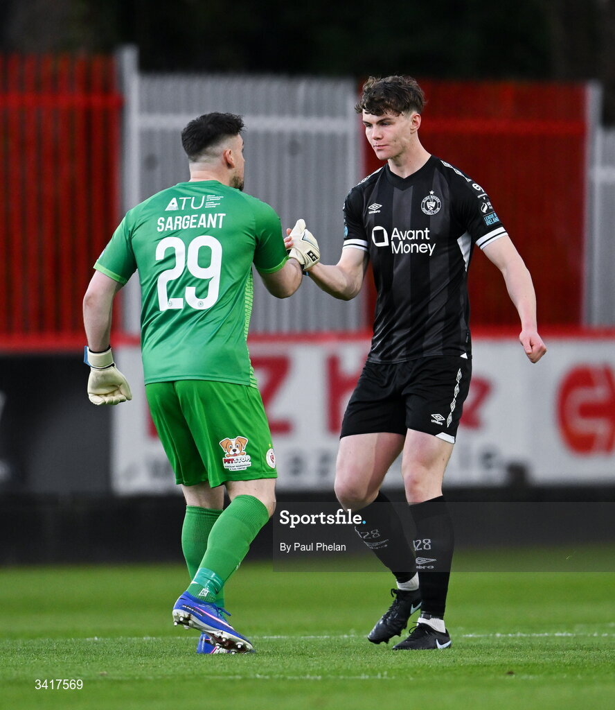 3 April 2026; Sligo Rovers goalkeeper Sam Sargeant and Gareth McElroy celebrate after Archie Meekison scores his side's first goal during the SSE Airtricity Men's Premier Division match between St Patrick's Athletic and Sligo Rovers at Richmond Park in Dublin. Photo by Paul Phelan/Sportsfile