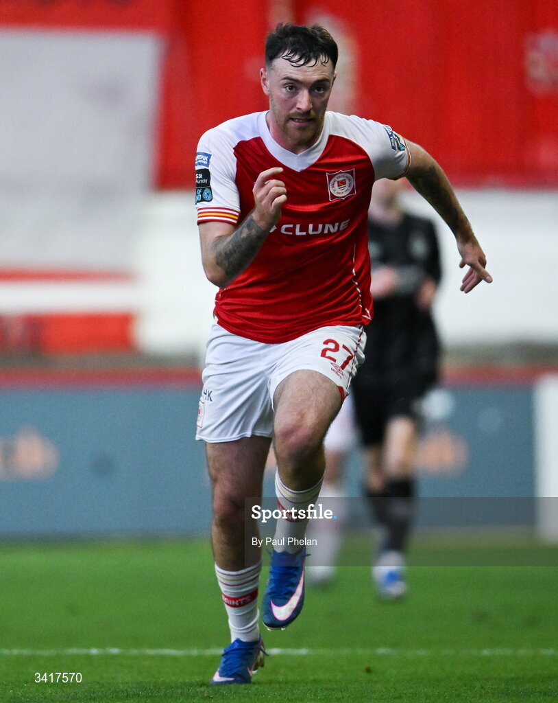 3 April 2026; Ryan Edmondson of St Patrick's Athletic during the SSE Airtricity Men's Premier Division match between St Patrick's Athletic and Sligo Rovers at Richmond Park in Dublin. Photo by Paul Phelan/Sportsfile