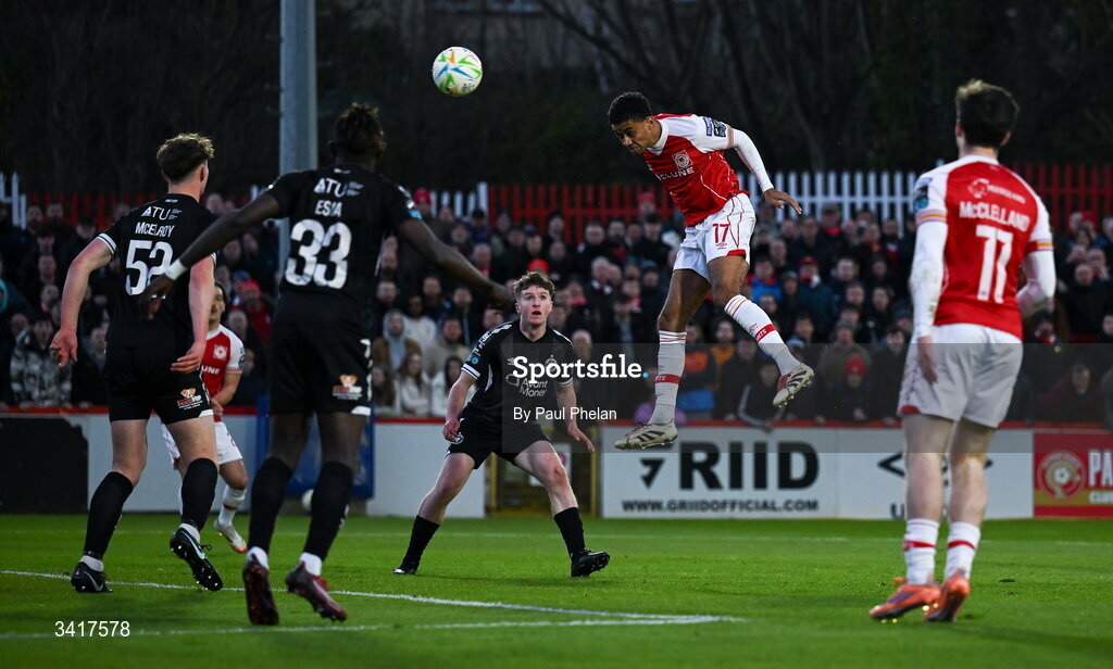 3 April 2026; Romal Palmer of St Patrick's Athletic scores his side's first goal during the SSE Airtricity Men's Premier Division match between St Patrick's Athletic and Sligo Rovers at Richmond Park in Dublin. Photo by Paul Phelan/Sportsfile