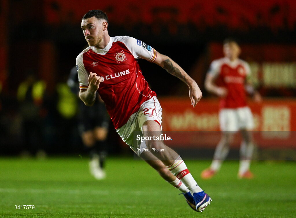 3 April 2026; Ryan Edmondson of St Patrick's Athletic during the SSE Airtricity Men's Premier Division match between St Patrick's Athletic and Sligo Rovers at Richmond Park in Dublin. Photo by Paul Phelan/Sportsfile