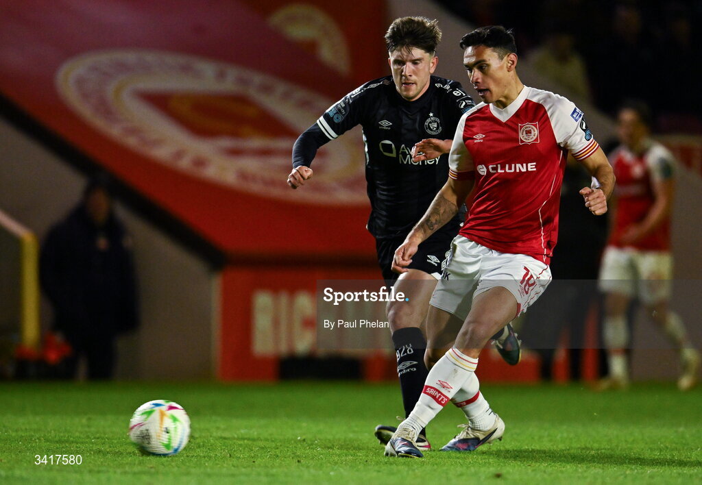 3 April 2026; Max Mata of St Patrick's Athletic in action against Seb Quirk of Sligo Rovers during the SSE Airtricity Men's Premier Division match between St Patrick's Athletic and Sligo Rovers at Richmond Park in Dublin. Photo by Paul Phelan/Sportsfile