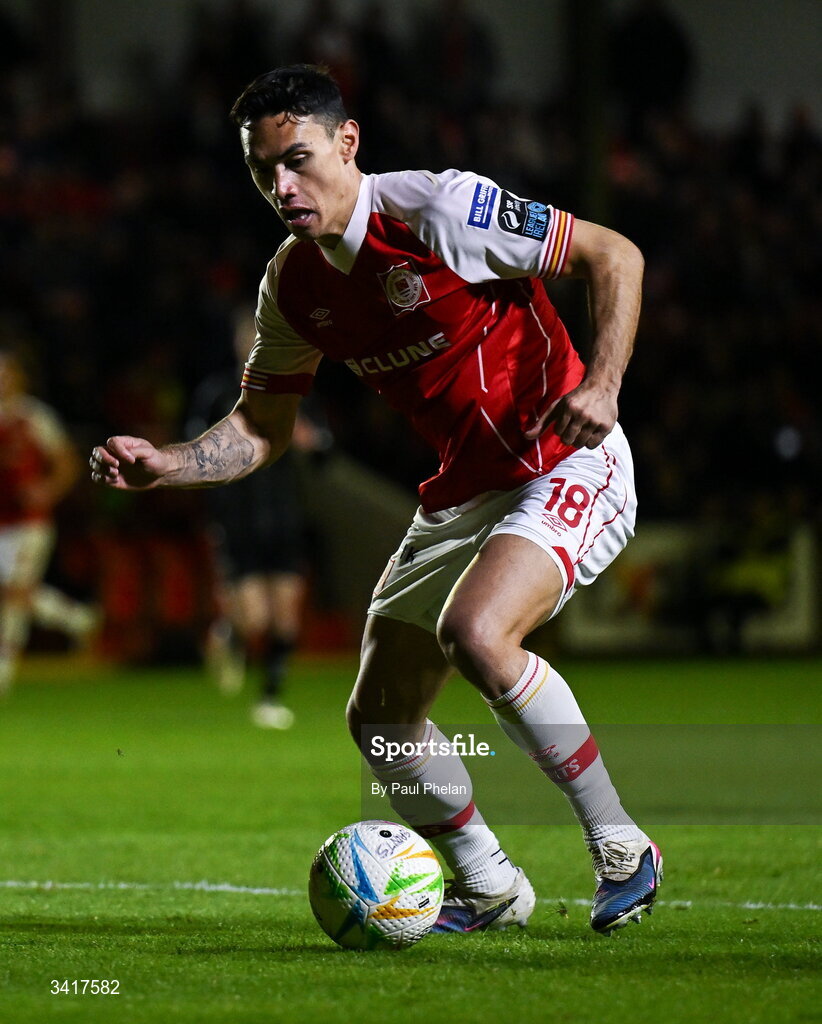 3 April 2026; Max Mata of St Patrick's Athletic during the SSE Airtricity Men's Premier Division match between St Patrick's Athletic and Sligo Rovers at Richmond Park in Dublin. Photo by Paul Phelan/Sportsfile