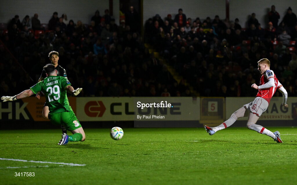 3 April 2026; Darragh Nugent of St Patrick's Athletic scores his side's fourth goal during the SSE Airtricity Men's Premier Division match between St Patrick's Athletic and Sligo Rovers at Richmond Park in Dublin. Photo by Paul Phelan/Sportsfile