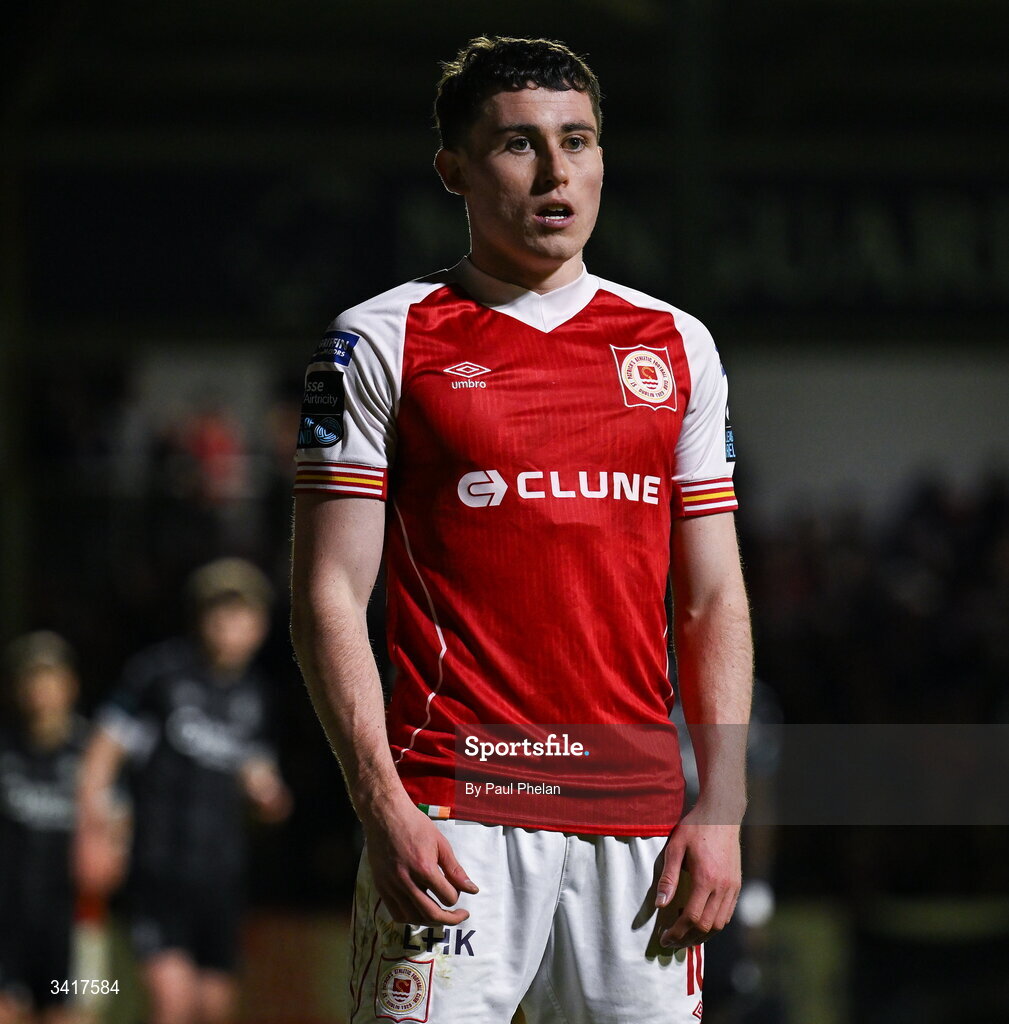 3 April 2026; Kian Leavy of St Patrick's Athletic during the SSE Airtricity Men's Premier Division match between St Patrick's Athletic and Sligo Rovers at Richmond Park in Dublin. Photo by Paul Phelan/Sportsfile