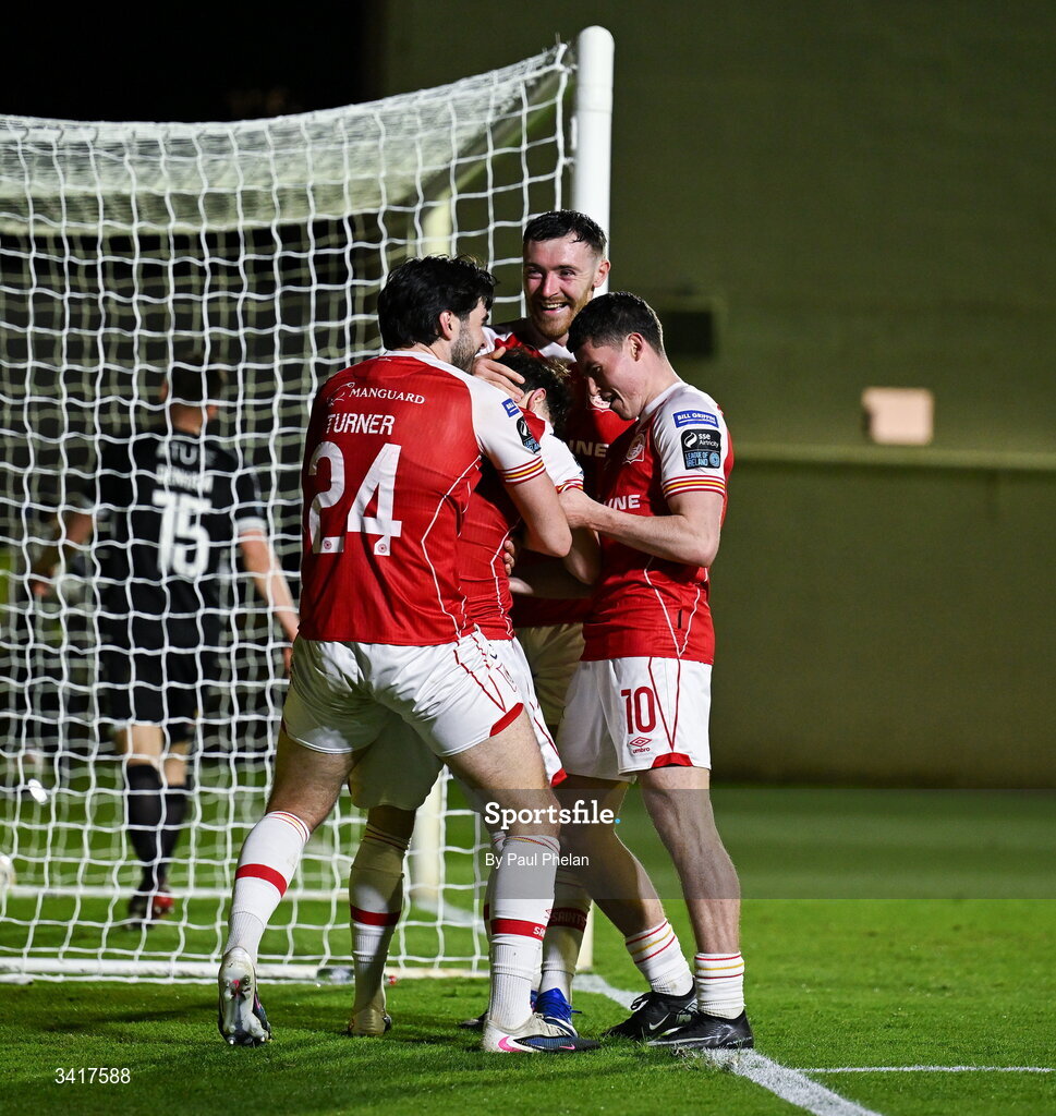 3 April 2026; Anto Breslin of St Patrick's Athletic celebrates with teamates after scoring his side's third goal  during the SSE Airtricity Men's Premier Division match between St Patrick's Athletic and Sligo Rovers at Richmond Park in Dublin. Photo by Paul Phelan/Sportsfile