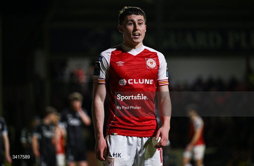 3 April 2026; Kian Leavy of St Patrick's Athletic during the SSE Airtricity Men's Premier Division match between St Patrick's Athletic and Sligo Rovers at Richmond Park in Dublin. Photo by Paul Phelan/Sportsfile