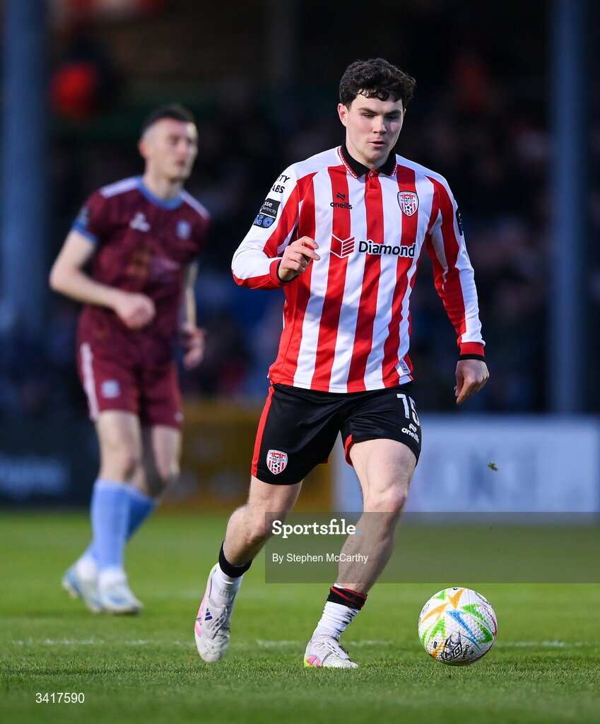 3 April 2026; James Clarke of Derry City during the SSE Airtricity Men's Premier Division match between Galway United and Derry City at Eamonn Deacy Park in Galway. Photo by Stephen McCarthy/Sportsfile