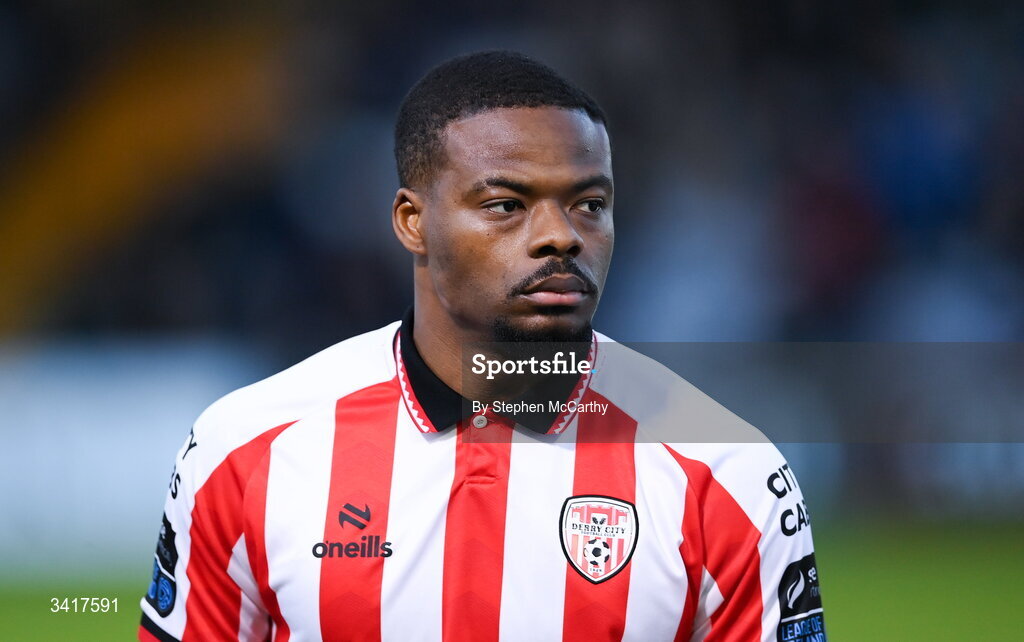 3 April 2026; Dipo Akinyemi of Derry City during the SSE Airtricity Men's Premier Division match between Galway United and Derry City at Eamonn Deacy Park in Galway. Photo by Stephen McCarthy/Sportsfile