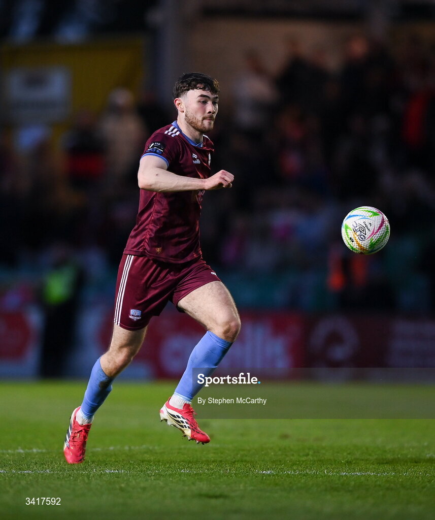 3 April 2026; Connor Barratt of Galway United during the SSE Airtricity Men's Premier Division match between Galway United and Derry City at Eamonn Deacy Park in Galway. Photo by Stephen McCarthy/Sportsfile