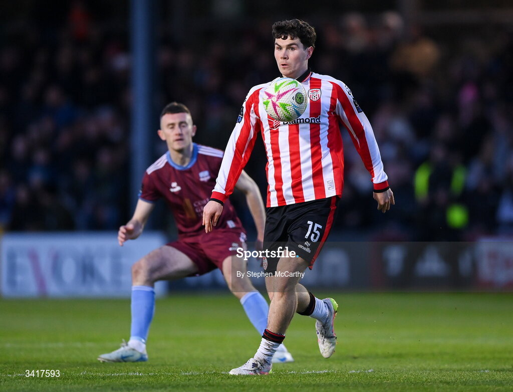 3 April 2026; James Clarke of Derry City during the SSE Airtricity Men's Premier Division match between Galway United and Derry City at Eamonn Deacy Park in Galway. Photo by Stephen McCarthy/Sportsfile