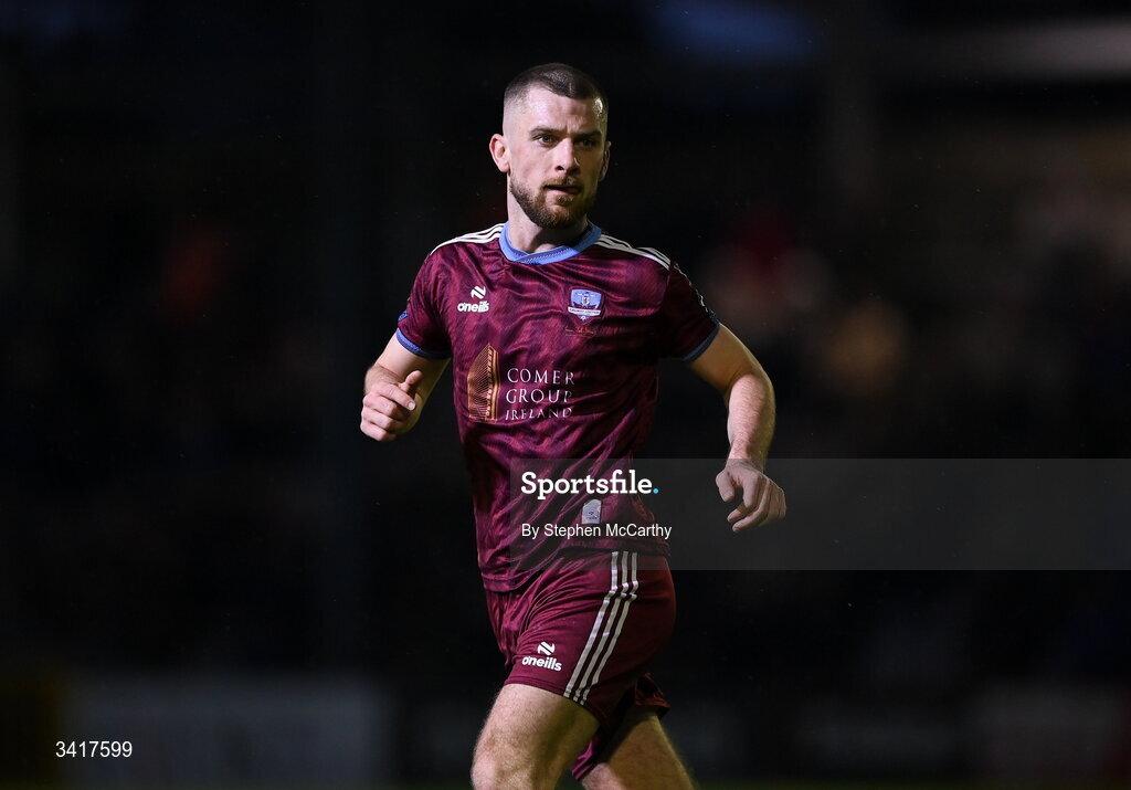 3 April 2026; Aaron Bolger of Galway United during the SSE Airtricity Men's Premier Division match between Galway United and Derry City at Eamonn Deacy Park in Galway. Photo by Stephen McCarthy/Sportsfile