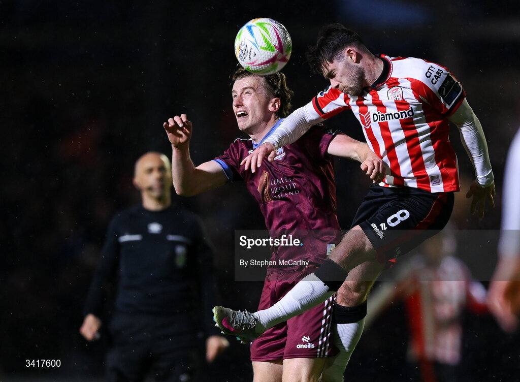 3 April 2026; Adam O'Reilly of Derry City in action against David Hurley of Galway United during the SSE Airtricity Men's Premier Division match between Galway United and Derry City at Eamonn Deacy Park in Galway. Photo by Stephen McCarthy/Sportsfile