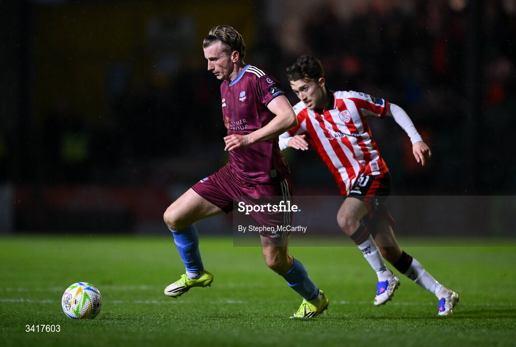 3 April 2026; David Hurley of Galway United in action against Darragh Markey of Derry City during the SSE Airtricity Men's Premier Division match between Galway United and Derry City at Eamonn Deacy Park in Galway. Photo by Stephen McCarthy/Sportsfile