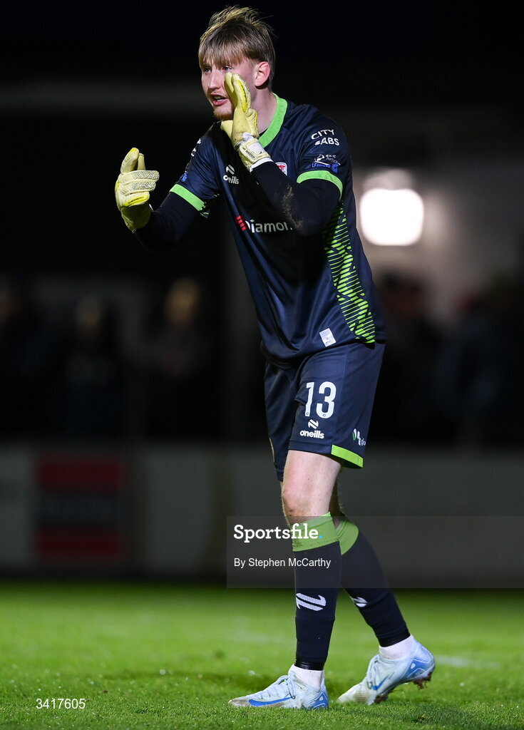 3 April 2026; Derry City goalkeeper Eddie Beach during the SSE Airtricity Men's Premier Division match between Galway United and Derry City at Eamonn Deacy Park in Galway. Photo by Stephen McCarthy/Sportsfile