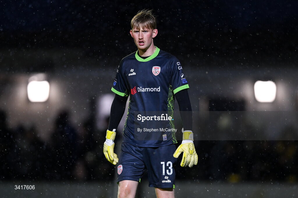 3 April 2026; Derry City goalkeeper Eddie Beach during the SSE Airtricity Men's Premier Division match between Galway United and Derry City at Eamonn Deacy Park in Galway. Photo by Stephen McCarthy/Sportsfile
