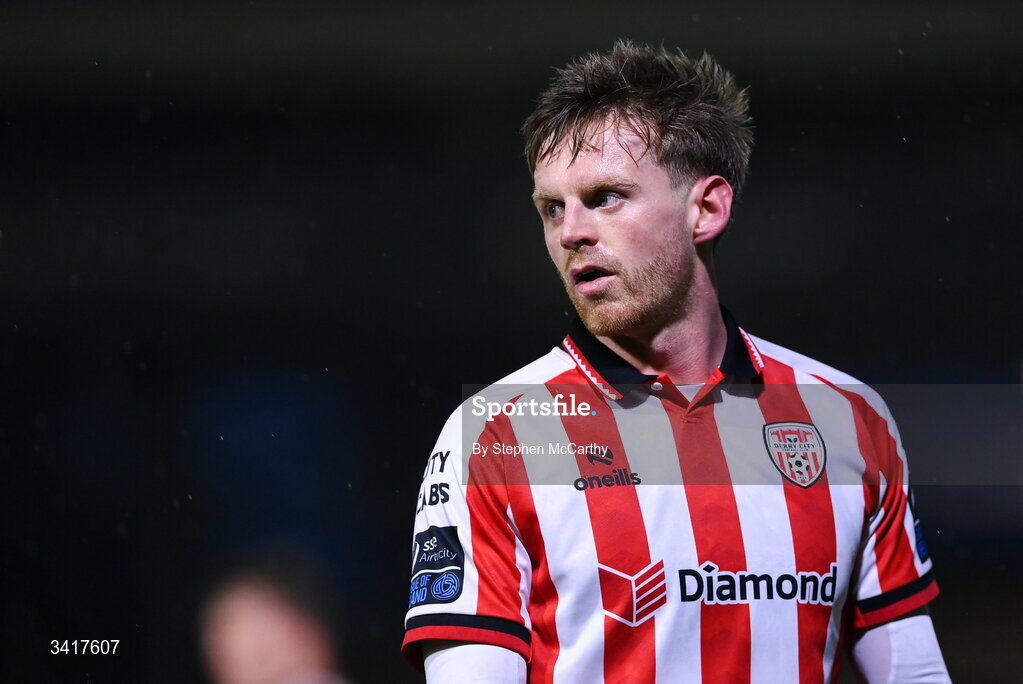 3 April 2026; Rob Slevin of Derry City during the SSE Airtricity Men's Premier Division match between Galway United and Derry City at Eamonn Deacy Park in Galway. Photo by Stephen McCarthy/Sportsfile