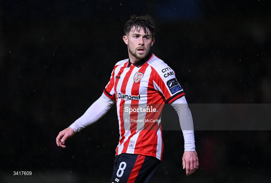3 April 2026; Adam O'Reilly of Derry City during the SSE Airtricity Men's Premier Division match between Galway United and Derry City at Eamonn Deacy Park in Galway. Photo by Stephen McCarthy/Sportsfile