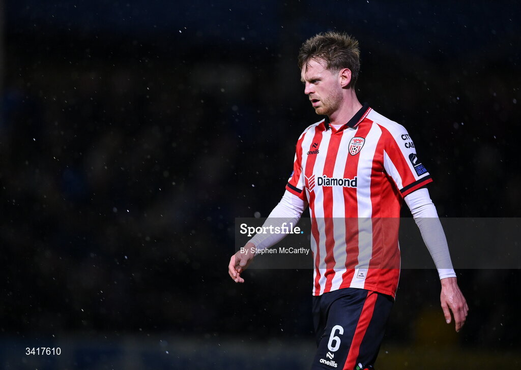 3 April 2026; Rob Slevin of Derry City during the SSE Airtricity Men's Premier Division match between Galway United and Derry City at Eamonn Deacy Park in Galway. Photo by Stephen McCarthy/Sportsfile