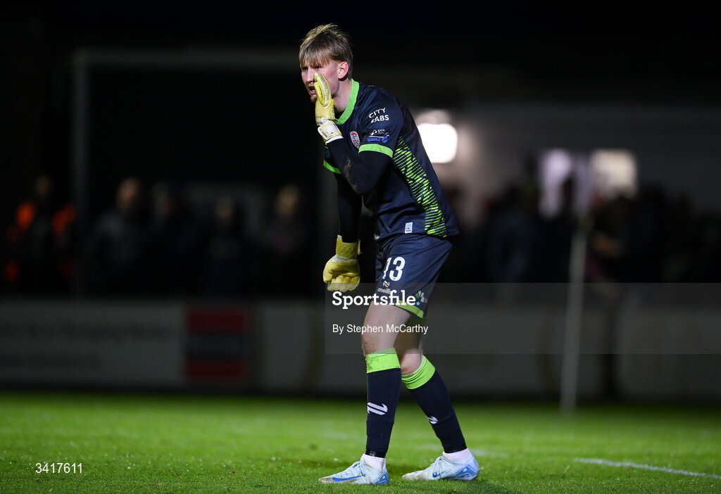 3 April 2026; Derry City goalkeeper Eddie Beach during the SSE Airtricity Men's Premier Division match between Galway United and Derry City at Eamonn Deacy Park in Galway. Photo by Stephen McCarthy/Sportsfile