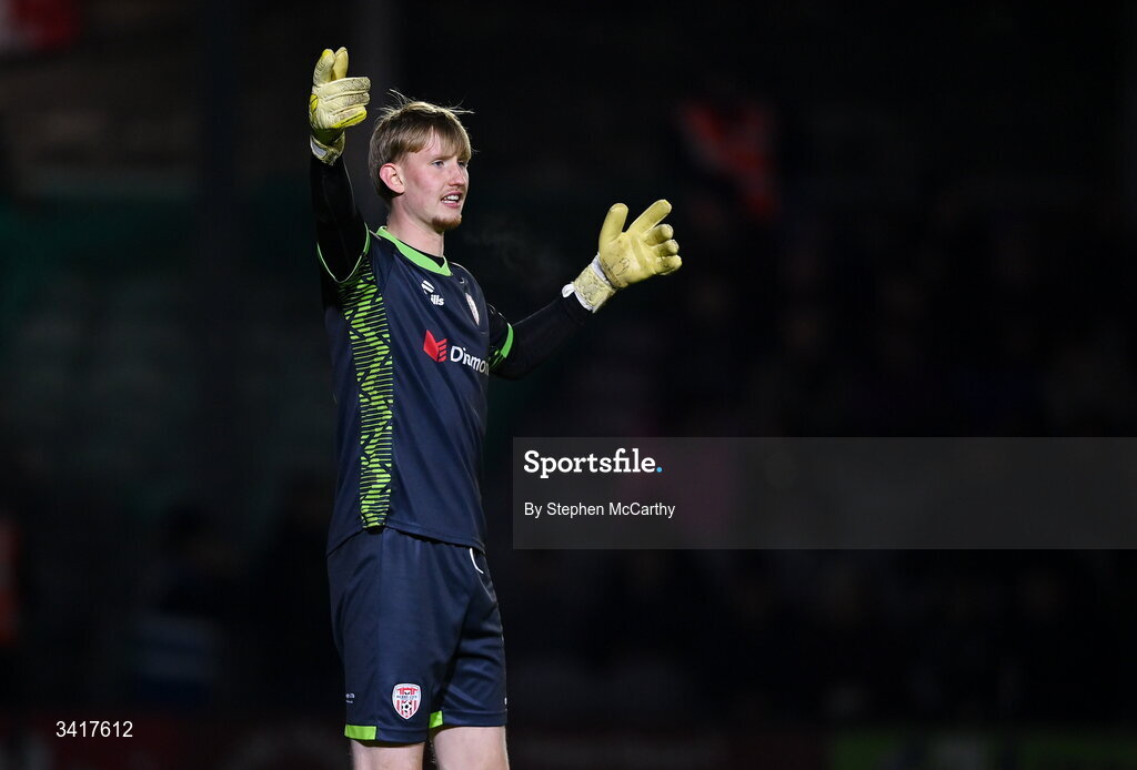 3 April 2026; Derry City goalkeeper Eddie Beach during the SSE Airtricity Men's Premier Division match between Galway United and Derry City at Eamonn Deacy Park in Galway. Photo by Stephen McCarthy/Sportsfile
