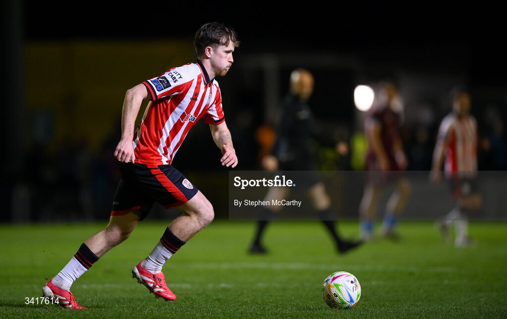 3 April 2026; Alex Bannon of Derry City during the SSE Airtricity Men's Premier Division match between Galway United and Derry City at Eamonn Deacy Park in Galway. Photo by Stephen McCarthy/Sportsfile
