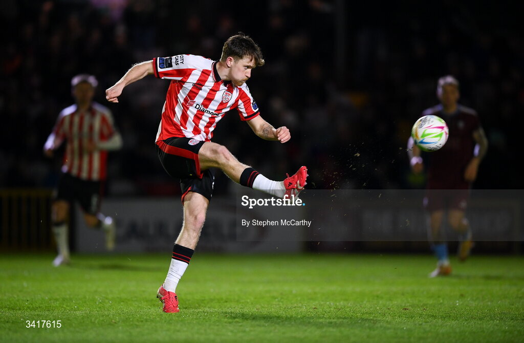 3 April 2026; Alex Bannon of Derry City during the SSE Airtricity Men's Premier Division match between Galway United and Derry City at Eamonn Deacy Park in Galway. Photo by Stephen McCarthy/Sportsfile