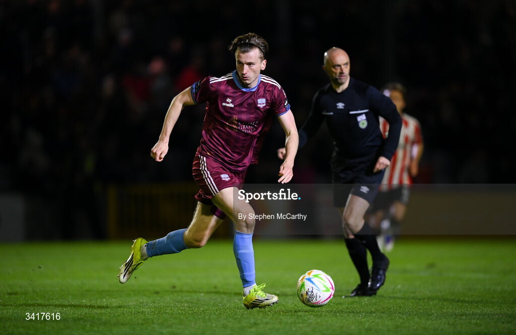 3 April 2026; David Hurley of Galway United during the SSE Airtricity Men's Premier Division match between Galway United and Derry City at Eamonn Deacy Park in Galway. Photo by Stephen McCarthy/Sportsfile