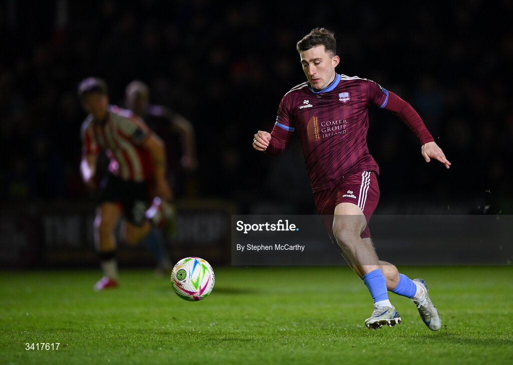 3 April 2026; Ed McCarthy of Galway United during the SSE Airtricity Men's Premier Division match between Galway United and Derry City at Eamonn Deacy Park in Galway. Photo by Stephen McCarthy/Sportsfile