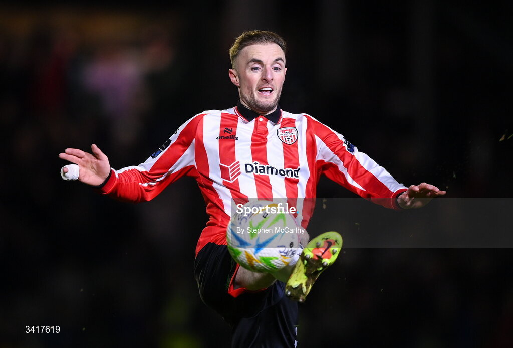 3 April 2026; Carl Winchester of Derry City during the SSE Airtricity Men's Premier Division match between Galway United and Derry City at Eamonn Deacy Park in Galway. Photo by Stephen McCarthy/Sportsfile