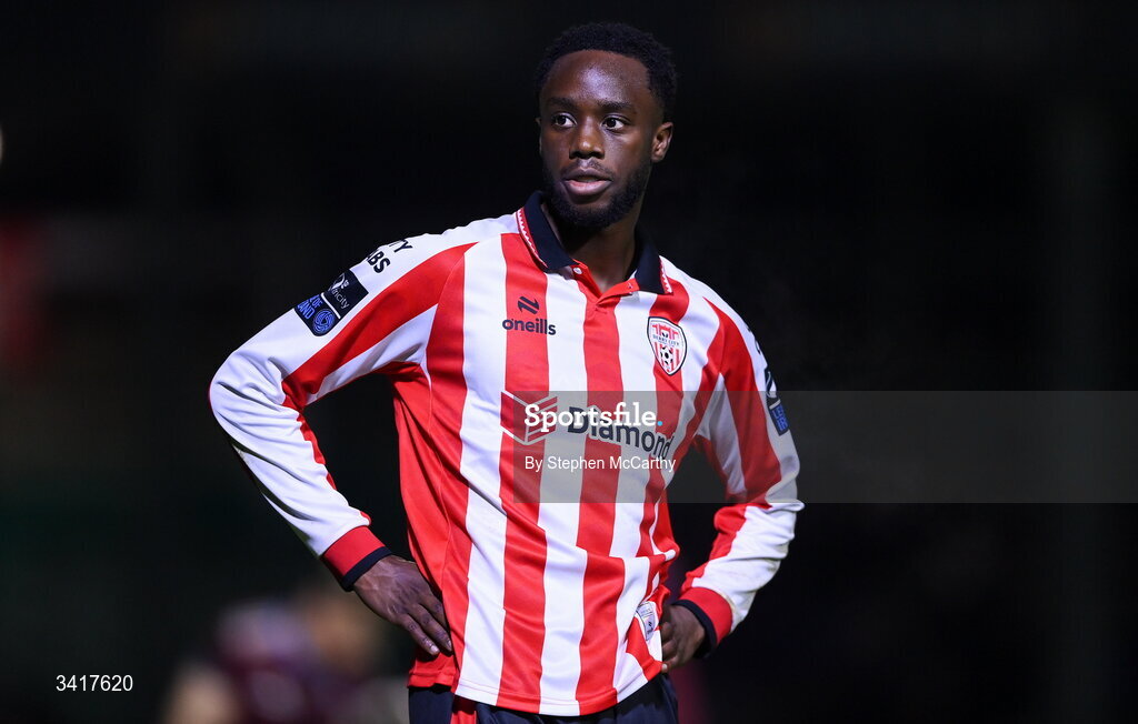 3 April 2026; James Olayinka of Derry City during the SSE Airtricity Men's Premier Division match between Galway United and Derry City at Eamonn Deacy Park in Galway. Photo by Stephen McCarthy/Sportsfile