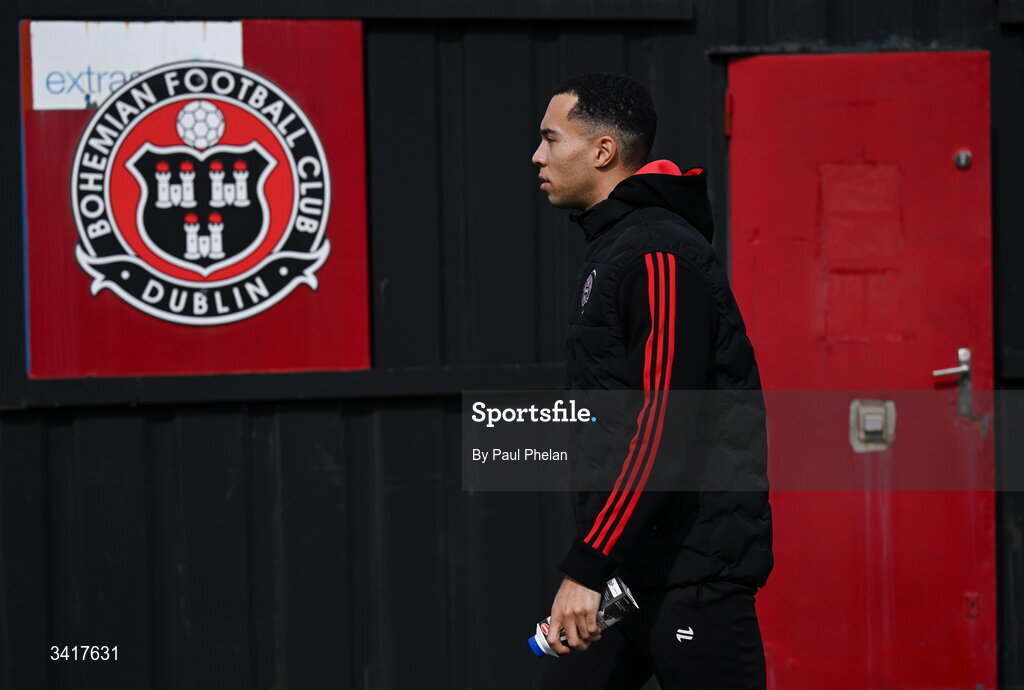 6 April 2026; Douglas James-Taylor of Bohemians arrives before the SSE Airtricity Men's Premier Division match between Bohemians and Waterford at Dalymount Park in Dublin. Photo by Paul Phelan/Sportsfile
