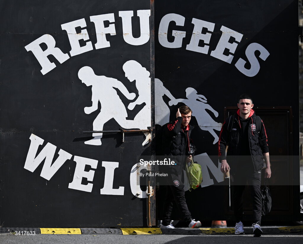 6 April 2026; Markuss Strods and Hugh Martin of Bohemians arrive before the SSE Airtricity Men's Premier Division match between Bohemians and Waterford at Dalymount Park in Dublin. Photo by Paul Phelan/Sportsfile