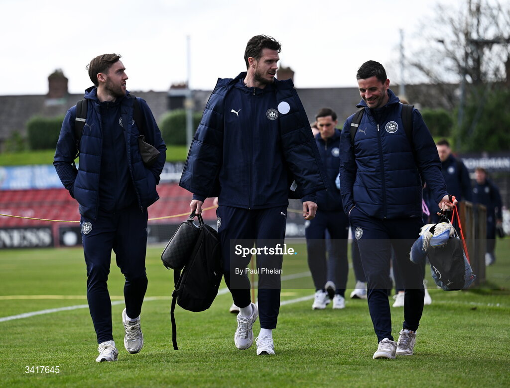 6 April 2026; Jordan Houston, Kevin Long and Pádraig Amond of Waterford arrive before the SSE Airtricity Men's Premier Division match between Bohemians and Waterford at Dalymount Park in Dublin. Photo by Paul Phelan/Sportsfile