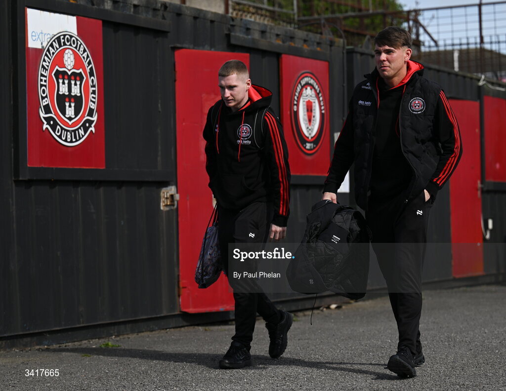 6 April 2026; Ross Tierney and Dayle Rooney of Bohemians arrive before the SSE Airtricity Men's Premier Division match between Bohemians and Waterford at Dalymount Park in Dublin. Photo by Paul Phelan/Sportsfile