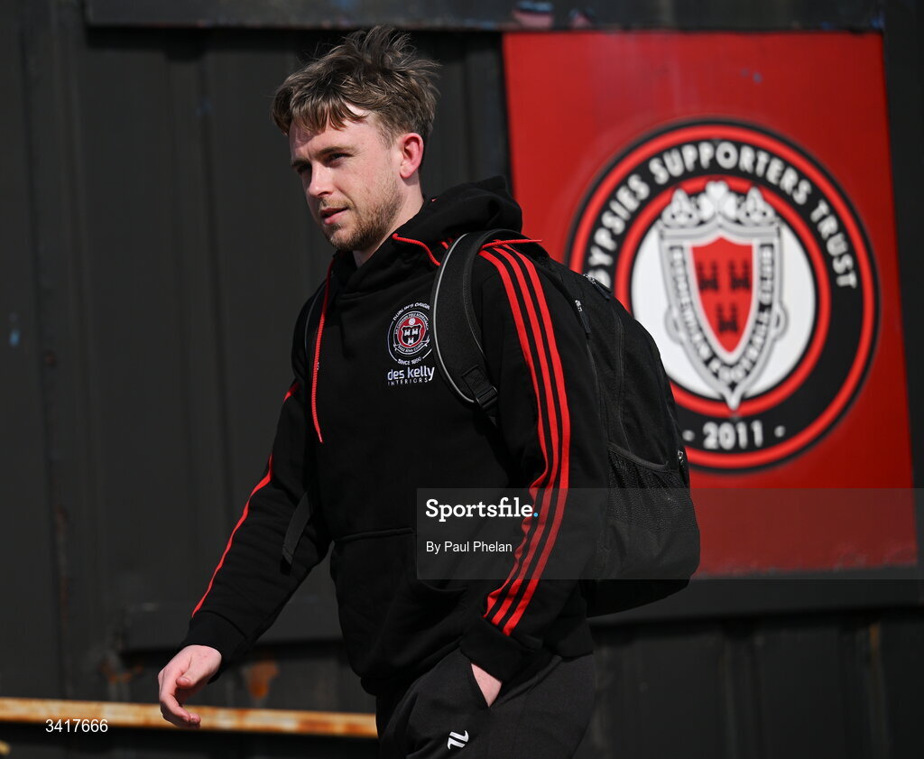 6 April 2026; Darragh Power of Bohemians arrives before the SSE Airtricity Men's Premier Division match between Bohemians and Waterford at Dalymount Park in Dublin. Photo by Paul Phelan/Sportsfile
