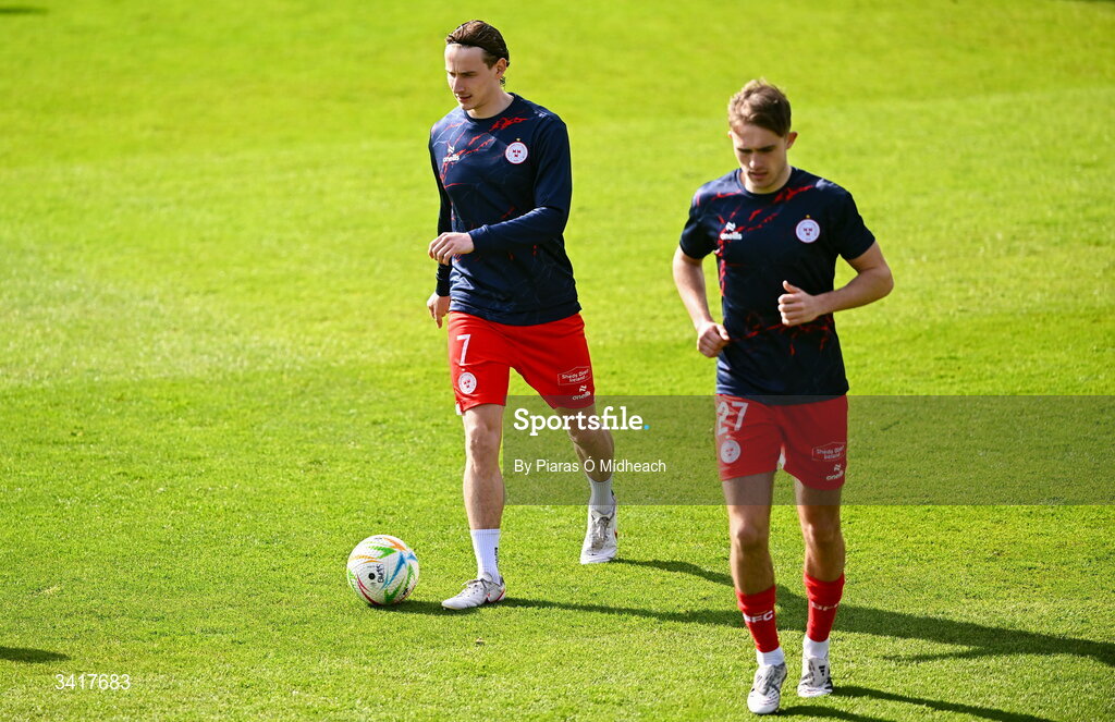 6 April 2026; Harry Wood, left, and Evan Caffrey of Shelbourne before the SSE Airtricity Men's Premier Division match between Shamrock Rovers and Shelbourne at Tallaght Stadium in Dublin. Photo by Piaras Ó Mídheach/Sportsfile
