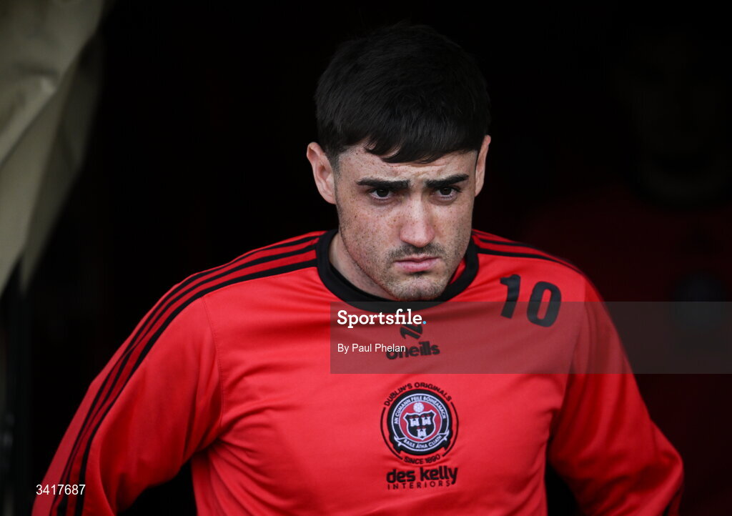 6 April 2026; Dawson Devoy of Bohemians walks out to warm up before the SSE Airtricity Men's Premier Division match between Bohemians and Waterford at Dalymount Park in Dublin. Photo by Paul Phelan/Sportsfile