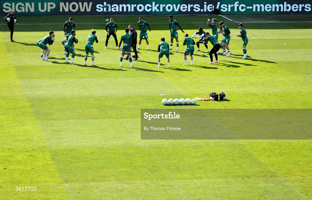6 April 2026; Shamrock Rovers players warm up before the SSE Airtricity Men's Premier Division match between Shamrock Rovers and Shelbourne at Tallaght Stadium in Dublin. Photo by Thomas Flinkow/Sportsfile