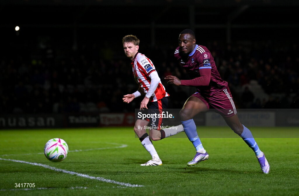 3 April 2026; Francely Lomboto of Galway Unitedduring the SSE Airtricity Men's Premier Division match between Galway United and Derry City at Eamonn Deacy Park in Galway. Photo by Stephen McCarthy/Sportsfile