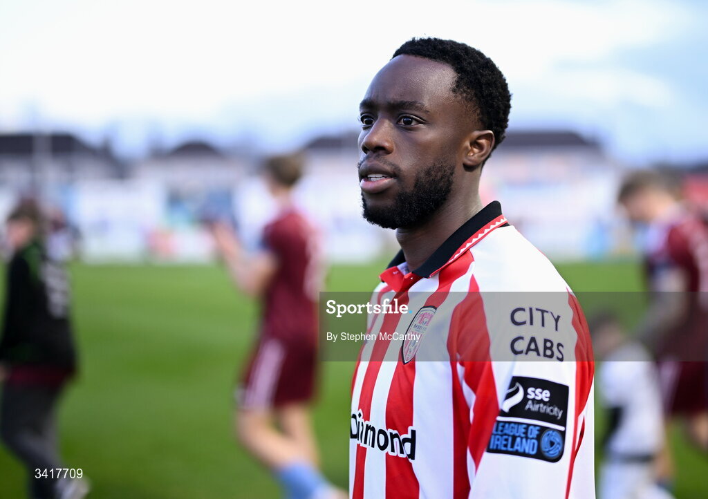 3 April 2026; James Olayinka of Derry City before the SSE Airtricity Men's Premier Division match between Galway United and Derry City at Eamonn Deacy Park in Galway. Photo by Stephen McCarthy/Sportsfile