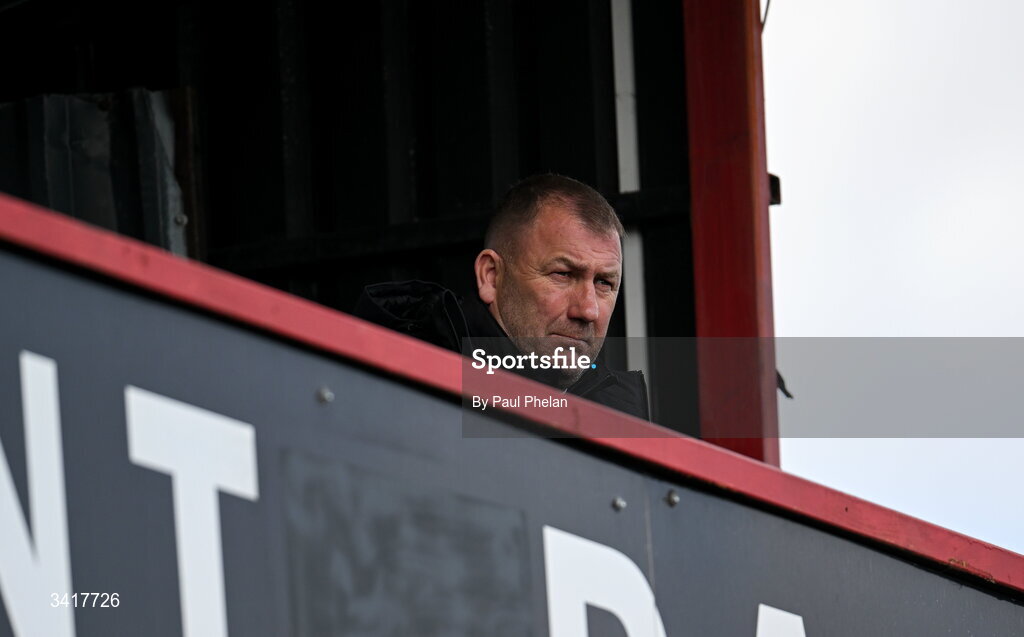6 April 2026; Suspended manager Bohemians manager Alan Reynolds sits in the gantry before the SSE Airtricity Men's Premier Division match between Bohemians and Waterford at Dalymount Park in Dublin. Photo by Paul Phelan/Sportsfile