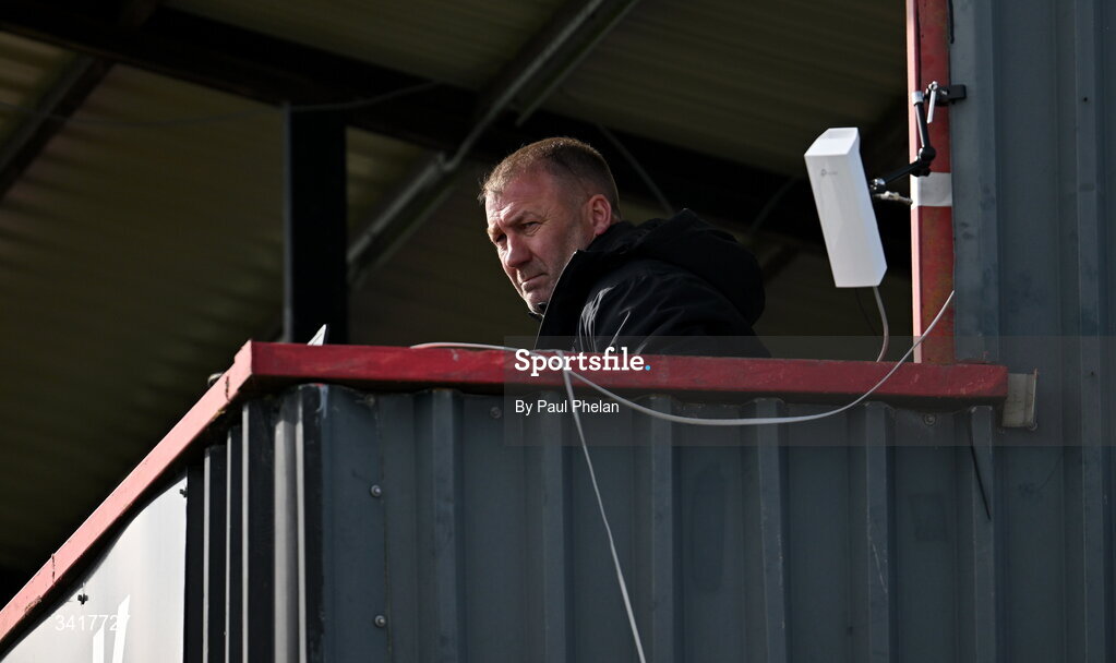6 April 2026; Suspended manager Bohemians manager Alan Reynolds sits in the gantry before the SSE Airtricity Men's Premier Division match between Bohemians and Waterford at Dalymount Park in Dublin. Photo by Paul Phelan/Sportsfile