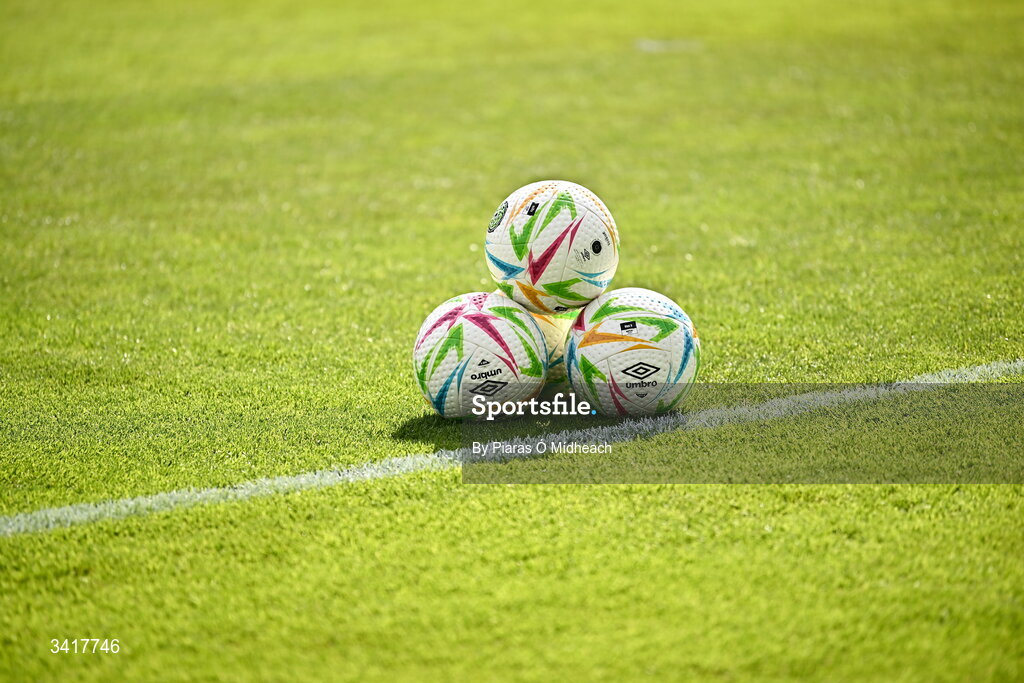 6 April 2026; A general view of footballs before the SSE Airtricity Men's Premier Division match between Shamrock Rovers and Shelbourne at Tallaght Stadium in Dublin. Photo by Piaras Ó Mídheach/Sportsfile