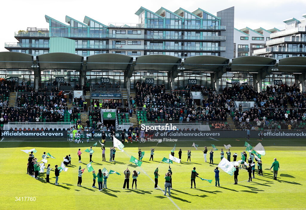 6 April 2026; Players and officials enter the pitch before the SSE Airtricity Men's Premier Division match between Shamrock Rovers and Shelbourne at Tallaght Stadium in Dublin. Photo by Thomas Flinkow/Sportsfile